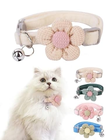 Cat Collar With Flower for Girls and Boys, Breakaway With Bells, Adjustable Kitten Collar, Cute (Beige, Breakaway) - Image 1