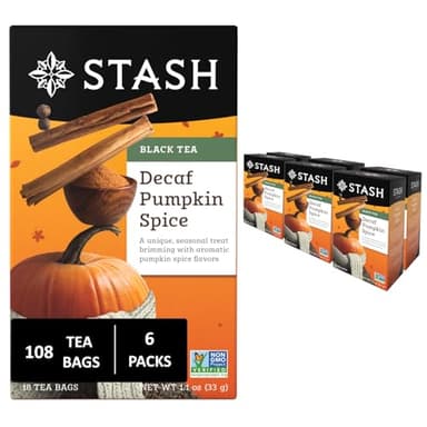 Stash Tea Decaf Pumpkin Spice Black Tea - Decaf, Non-GMO Project Verified Premium Tea with No Artificial Ingredients, 18 Count (Pack of 6) - 108 Bags Total - Image 1