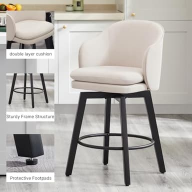 Counter Height Barstools 26 inch Upholstered Swivel Bar Stools with Back and Wood Legs for Kitchen Island,Set of 4,Beige Fabric - Image 4