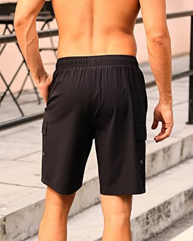 SILKWORLD Men's Swim Trunks with Compression Liner Quick Dry Bathing Suits 9 Inch Swimming Shorts with Cargo Pockets (Black, Large) - Image 2