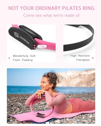 LIONSCOOL Pilates Ring Set – 14" Anti-Deformation Magic Circle with Padded Handles, Mini Ball, Resistance Bands, Guide & Bag (Pink) - Image 3