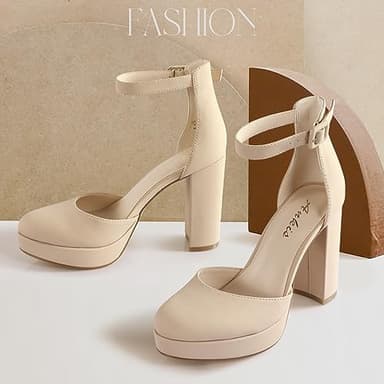 Ankis Platform Closed Toe Heels for Women, Nude Womens Heels Closed Round Toe Chunky Block Pumps Shoes, 4 Inch - Image 4