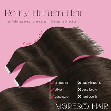 Moresoo Tape in Hair Extensions Human Hair Dark Brown Tape in Extensions Human Hair Seamless Real Hair Extensions Tape in Human Hair 24 Inch Sraight #4 20pcs 50g - Image 2