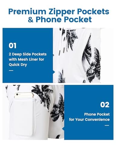 maamgic Mens Swim Trunks with Compression Liner 5" Stretch Beach Shorts Quick Dry with Zipper Pockets No-Chafing Board Shorts White-Palm Tree S - Image 2