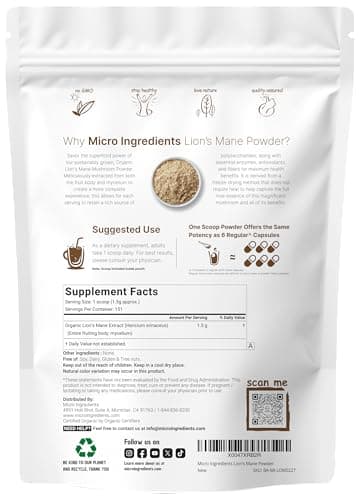 Micro Ingredients Organic Lion’s Mane Mushroom Powder, 8oz | Pure Fruiting Body Superfood | Supports Brain, Focus, Energy & Immune Health | Great for Smoothies & Coffee | Filler Free, Vegan, Non-GMO - Image 2