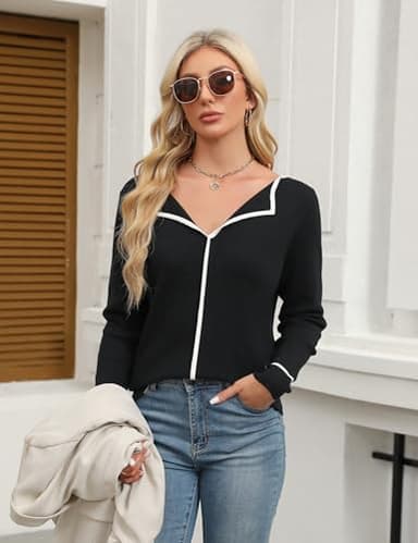 BMJL Women's V Neck Sweater Fall Dressy Casual Tops Long Sleeve Pullover Knit Collared Business Work Shirts(S,Black) - Image 5