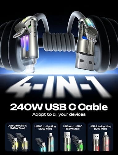LISEN Car Carplay Cable for iPhone 17/16/15 Pro Max/Plus(3.3FT), 4 in 1 Chubby USB C with Light, USB A/C to C/L Multi Charging Cable for iPhone14 13 12/MacBook Pro/Air/iPad Pro/SamSungS25,Grey - Image 2