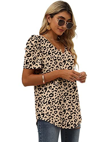 Oversized T Shirts for Women Leopard Print Tops V Neck Short Sleeve Shirts Loose Fit L - Image 3