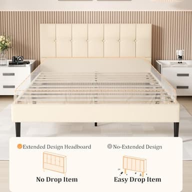UNIZONE Queen Bed Frame with Button Tufted Headboard, Velvet Upholstered Platform Bed Frame, Mattress Foundation with Wooden Slat Support, Noise Free, No Box Spring Needed, Easy Assembly, Beige - Image 5