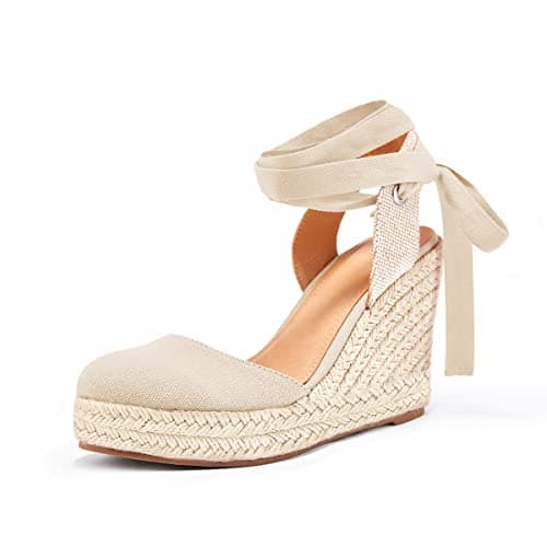FISACE Womens Summer Lace Up Espadrilles Wedge Sandals Closed Toe Ankle Strap Platform Shoes - Image 1
