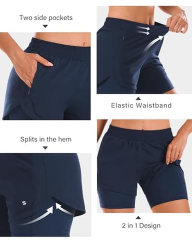 Stelle Women 2 in 1 Running Shorts High Waisted Athletic Shorts Gym Workout Shorts with Liner Zipper Pockets (Navy, L) - Image 4