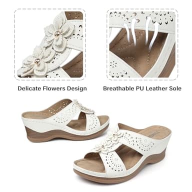 TEMOFON Womens Wedge Sandals Leather: Casual Dressy Women White Summer Platform Wedge Sandals Slip on Low Heels Comfortable Walking Size 6 - Image 4