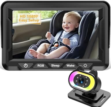 Wkzay Baby Car Camera for Backseat – HD 1080P, 150° Wide Angle, Night Vision, Easy Installation, Adjustable LED Light, 4.3” LCD Display, Anti-Glare - Image 1
