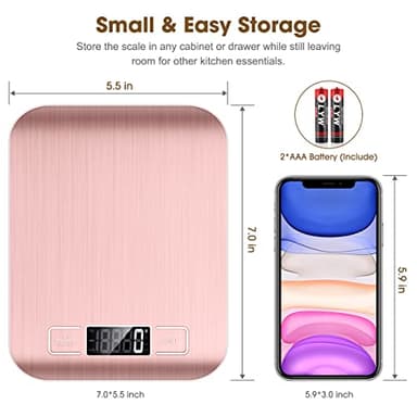 Mik-Nana Food Scale Pink, 10kg/22lb Digital Kitchen Scale Weight Grams and Oz for Baking and Cooking, 1g/0.1oz Precise Graduation, Easy Clean Stainless Steel - Image 2