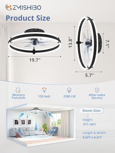 ZMISHIBO Ceiling Fans with Lights and Remote, 19.7'' Low Profile Ceiling Fan, 3000-6000K Dimmable Modern Flush Mount LED Fan Light, 6 Wind Speeds, Black Fandelier Ceiling Fans for Bedroom - Image 6