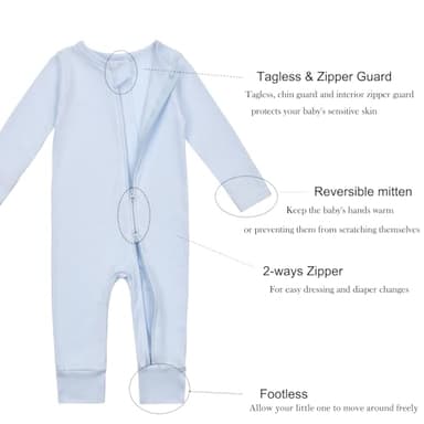 Aablexema Baby Cotton Fooltess Pajamas with Mitten, 3-pack Infant Romper Zip Up One Piece Jumpsuits Outfit(Navy&Olive&Light Blue,3-6m) - Image 3