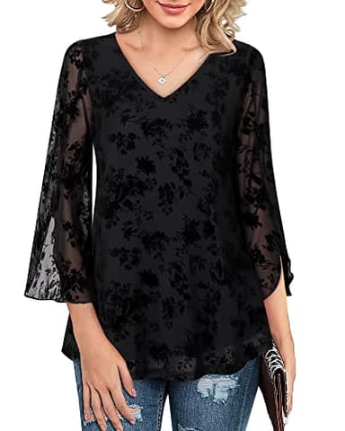 Bebonnie Womens Blouses and Tops Dressy, Bell Sleeve Tops for Women Spring Summer V Neck Business Casual Dress Shirts for Work Office Wear Sheer Swing Blouses Loose Fit Flowy Tunics Black Floral XL - Image 3