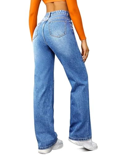 FUNUCA Straight Leg Jeans for Women,High Waisted Wide Leg Loose Microelastic Boyfriend Denim Pants Blue - Image 2