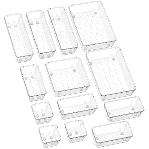 SMARTAKE 13-Piece Drawer Organizers with Non-Slip Silicone Pads, 5-Size Desk Bathroom Drawer Organizer Trays Storage Tray for Makeup, Jewelries, Utensils in Bedroom Dresser, Office and Kitchen, Clear - Image 1