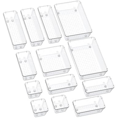 SMARTAKE 13-Piece Drawer Organizers with Non-Slip Silicone Pads, 5-Size Desk Bathroom Drawer Organizer Trays Storage Tray for Makeup, Jewelries, Utensils in Bedroom Dresser, Office and Kitchen, Clear - Image 1