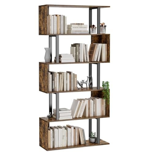 Gadroad 5-Tier Geometric Bookcase,S Shaped Bookshelf, Wood Decorative Storage Shelving, Modern Freestanding Display Shelves, Tall Book Shelf Unit for Living Room Bedroom, Rustic Brown - Image 1