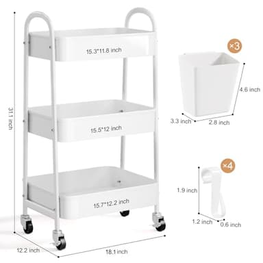 3 Tier Heavy Duty White Metal Rolling Cart with Lockable Wheels, Three Tier Roller Book Snack Cart, Utility Storage Organizer Carts for Kitchen, Bathroom, Garage, Baby Diaper, Craft, Art, Teacher - Image 3