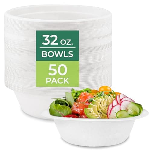 Freshware Paper Bowls - Disposable 32 oz Soup Bowl, 50-Pack Biodegradable Sugarcane Fiber Serving Bowls - Heavy Duty Bagasse for Hot Food Plates - Microwave & Freezer Safe, Stackable Dinnerware - Image 1