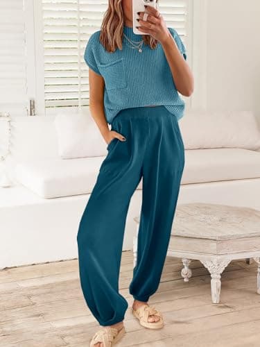 ANRABESS Women's Two Piece Outfits Knit Sweater Vest Crop Top Pants Lounge Matching Tracksuit Sweatsuit Travel Clothes Sets Blue X-Large - Image 5