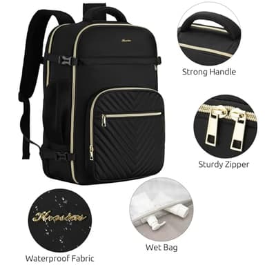 KROSIAS Travel Backpack for Women, Carry On Backpack for Airplanes Flight Approved, Waterproof Large Weekender Overnight Bag Fit 17 Inch Laptop with USB Charging Port, Black - Image 4