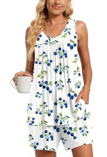 TAOHUADAO Womens Summer 2 Piece Pajama Sets, Sleeveless Tunic Tops with Shorts, Lounge Sleepwear Ladies Pjs Sets with Pockets XL, Blueberry-White - Image 1