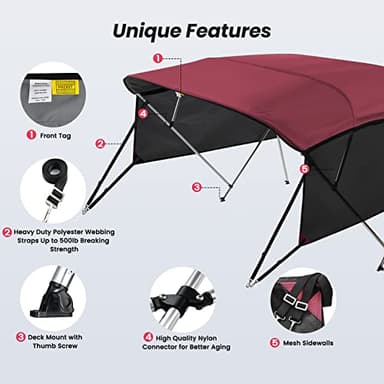 KAKIT 3 4 Bow Bimini Tops with Mesh Sidewalls Support Poles for Boats Marine Grade Canvas Top Includes 2 Straps Storage Boot 1 Inch Aluminum Frame - Image 6