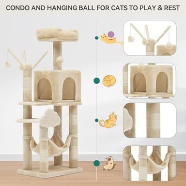 YITAHOME 44in Multi-Level Cat Tree for Indoor Kittens, Cat Furniture with Scratch Posts, Window Padded Plush Perch, Comfortable Hammock, and Interactive Pompoms, Beige - Image 6