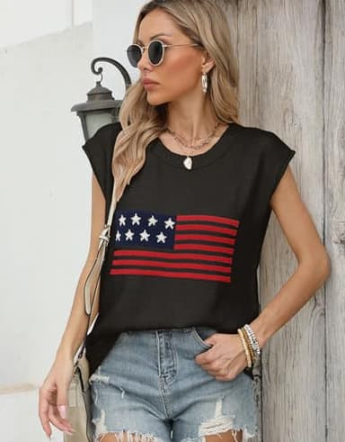Allifewithu Women's Cap Sleeve Top Crew Neck Summer Sweater Vest American Flag Lightweight Sweaters Tops Black X-Large - Image 2