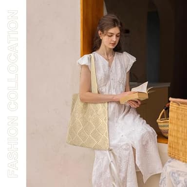 Crochet Tote Bag For Women, Crochet Mesh Beach Tote Bag Summer Vacation Aesthetic Boho Knit Bag for Women (J/Khaki) - Image 6