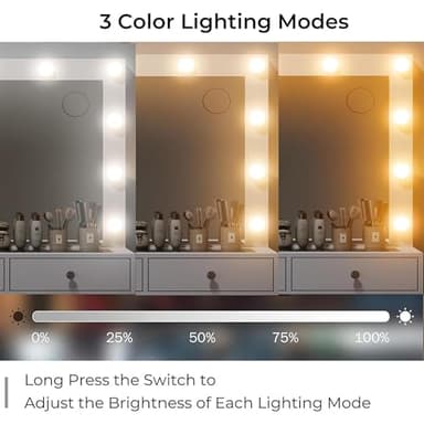 White Vanity Desk with Illuminated Mirror & Power Outlet, 11 Drawers Vanity Table with Chair, Makeup Vanity with 12 LED Lights, Tempered Glass Top, Dressing Table for Bedroom,Dressing Room - Image 6