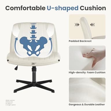 DUMOS Criss Cross Chair Legged Office Wide Comfy Desk Seat, No Wheels Armless Computer Task Seating, Swivel PU Leather Vanity Home Height Adjustable - Image 4