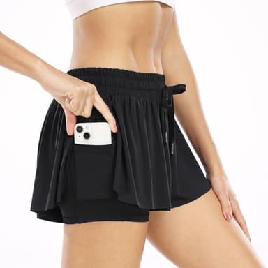 Wsirmet Flowy Shorts for Women Butterfly Shorts 2 in 1 Athletic Workout Gym Biker Running Shorts with Pockets Black L - Image 4