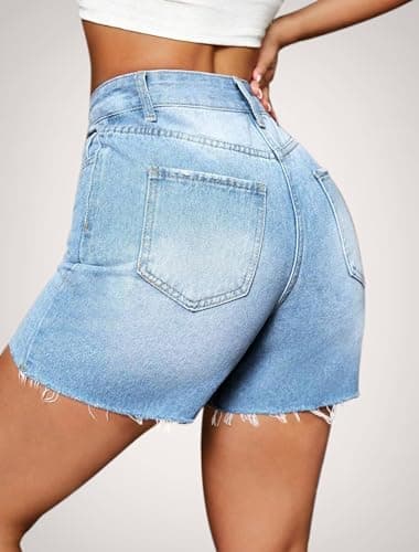 IWD Jean Shorts Womens High Waisted Ripped Casual Denim Shorts Stretchy Raw Hem Jorts 2025 Summer Trendy (Light Blue, Small) - Image 3