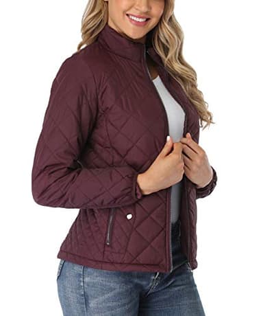 PEIQI Women's Quilted Jacket Coat Outwear Zip-up Stand Collar Padded Jacket with Pockets Red X-Large - Image 5