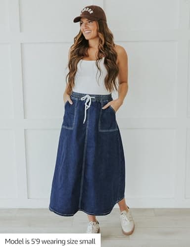 luvamia Denim Skirts for Women Trendy A Line Long Maxi Pull On Elastic Waist Drawstring Stretchy Jean Skirt with Pockets Western Skirt Dark Blue Size X-Large Fits Size 16-18 - Image 4