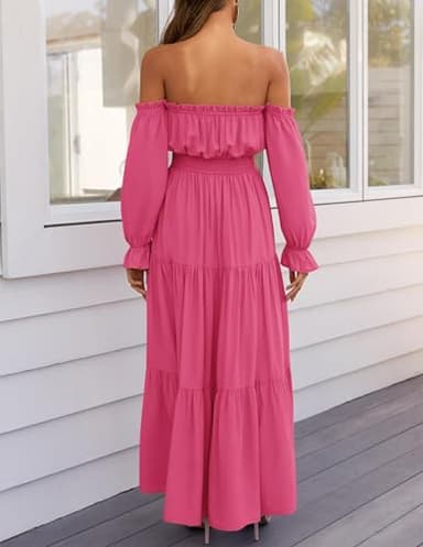 ZESICA Women's 2025 Boho Sexy Off Shoulder Long Sleeve Smocked High Waist Side Split Flowy A Line Tiered Long Maxi Dress,Rose,Medium - Image 4