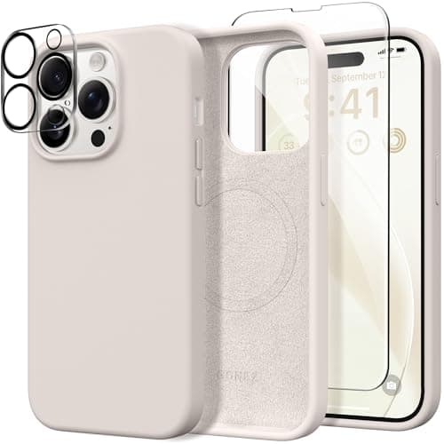 GONEZ for iPhone 14 Pro Max Case Silicone, Compatible with MagSafe, with Screen Protector + Camera Lens Protector, Liquid Silicone Shockproof Protective Phone 14 ProMax Case 6.7", Stone - Image 1