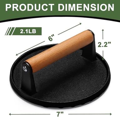 EWFEN Burger Press, 7" Round Heavy-Duty Cast Iron Smash Bacon Press Meat Steak with Wood Handle for Griddle, Sandwich, Nonstick Pan - Image 2