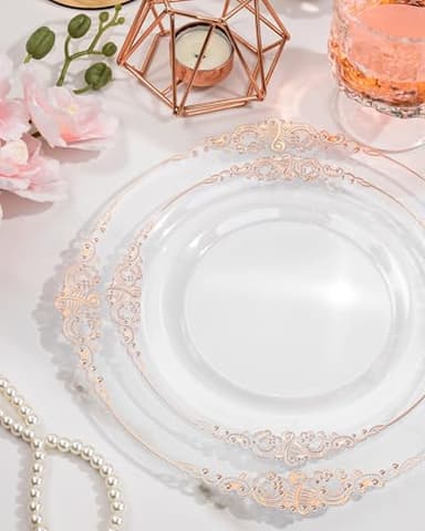 Nervure 350PCS Rose Gold Plastic Plates - Rose Gold Plastic Dinnerware Sets for 50 Guests - 100 Disposable Plates, 150 Silverware, 50 Cups, 50 Napkins for Wedding & Party - Image 5