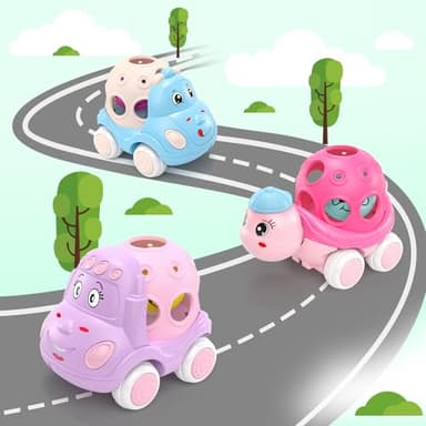 BeAndge Baby Girl Toys Gifts for 1 2 Year Old Girls, Pink Cars for Babies 6-12 12-18 Months, Push and Go Trucks for Toddlers, Soft Rattle and Roll Toys for One & 1+ Infants First Birthday Gift - Image 4