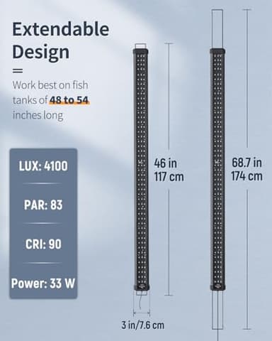 Pawfly 33W Aquarium LED Light for 48 to 54 Inch Fish Tanks Extendable Fish Tank Light with Full Spectrum Brilliant White Blue Red Lights with Daytime & Night Modes and Adjustable Brightness - Image 2