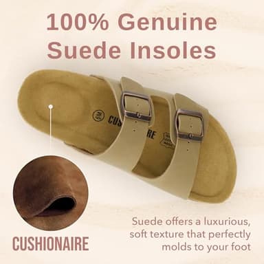 CUSHIONAIRE Lane Cork Footbed Sandals for Women – Comfortable Double Buckle Slip-On with Genuine Suede Footbed & Arch Support Slides for Women Footwear, TAUPE 8.5 - Image 3