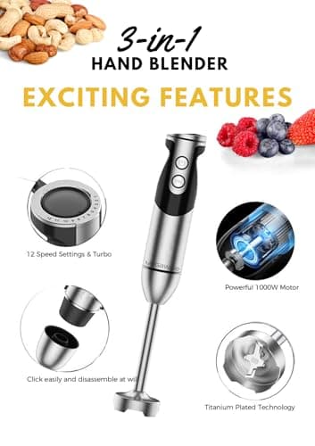 MegaWise Stainless Steel Titanium Reinforced 3-in-1 Immersion Hand Blender, Powerful with 80% Sharper Blades, 12-Speed Corded Blender, Including Whisk and Milk Frother (3-in 1 Black) - Image 8