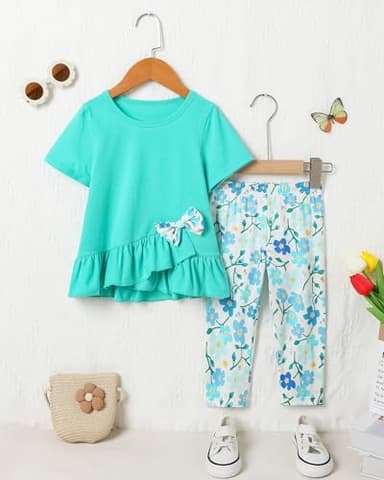 SOLOYEE Toddler Girl Clothes 3T 4T Girls Outfit, Short Sleeve Ruffle Top with Bowknot + Floral Print Capri Pants 2Pcs Spring Summer Clothing Set - Image 6