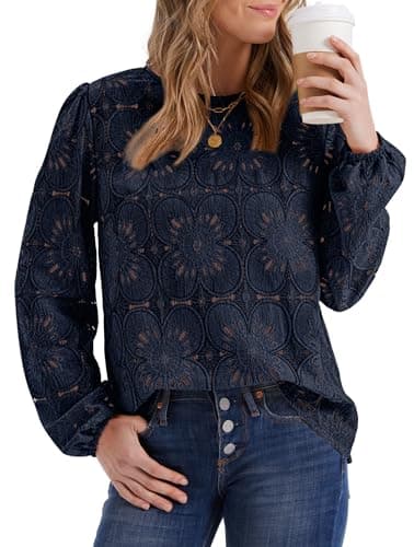 Boho Tops for Women Trendy Lace Crochet Early Fall Fashion Long Sleeeve Shirts Dressy Blouses Business Casual Outfits Travel Vacation Navy M - Image 2
